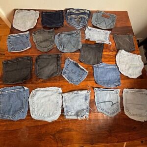 20pc Denim Jean Pockets Lot Reclaimed Wrangler Rock Revival DIY Craft Upcycle